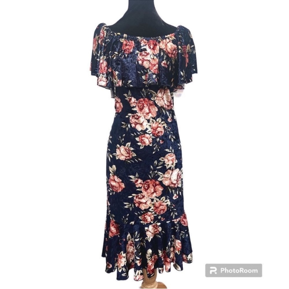 Navy Floral LuLaRoe Cici Off Shoulder Ruffled Hem Midi Dress M - Picture 12 of 16